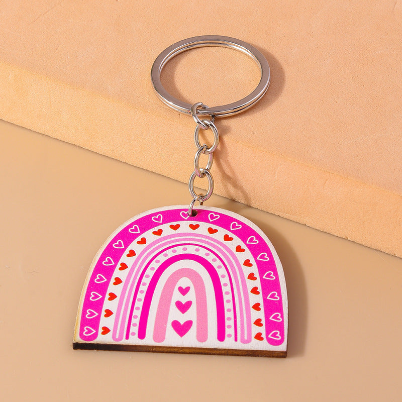 Wholesale Wooden Valentine's Day Rainbow Heart Pink Keychain